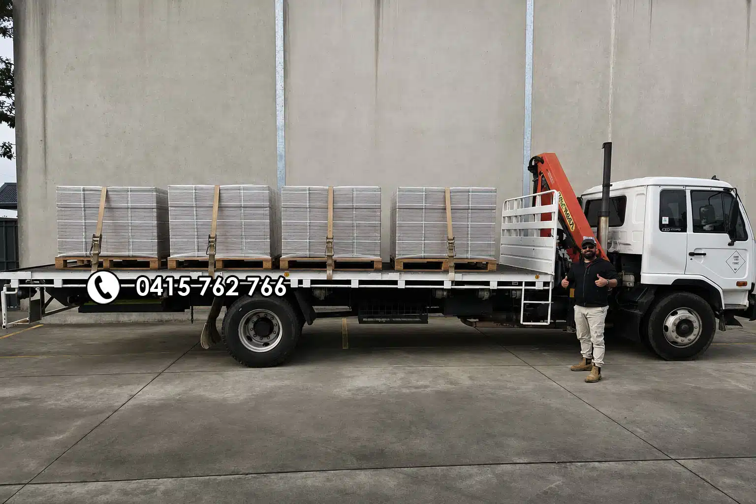 Kamal's truck loaded with tile pallets
