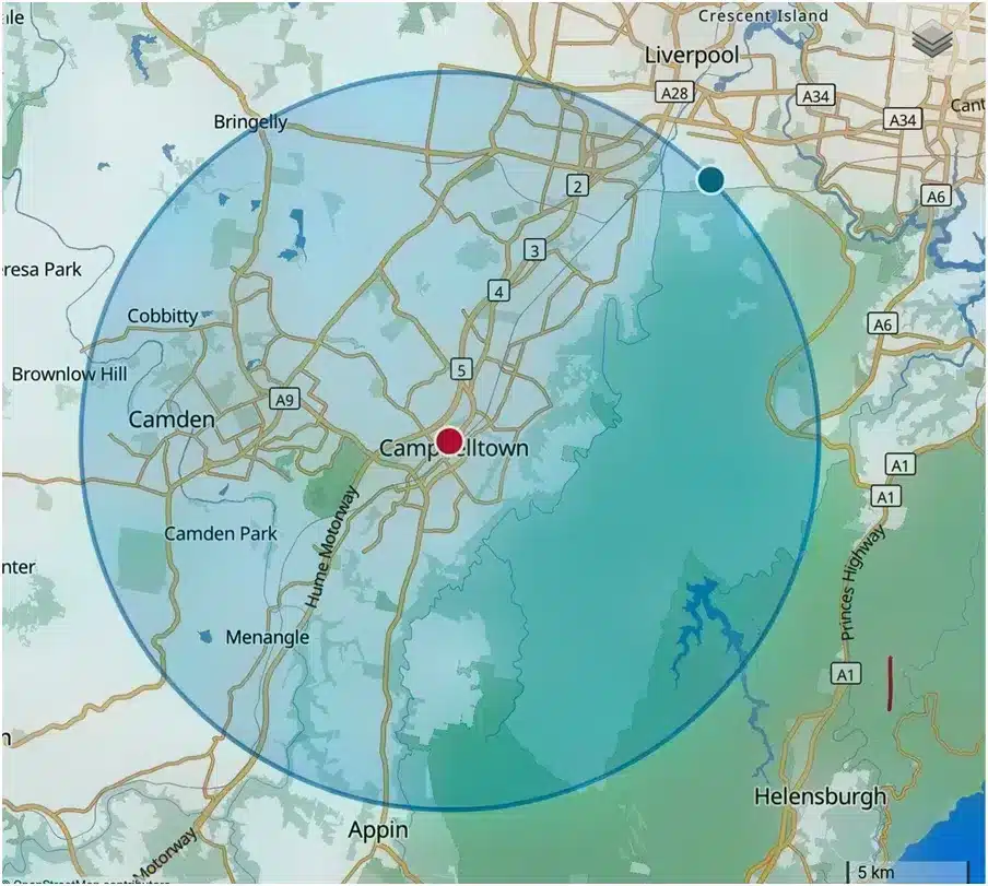 Map showing the local 15 kilometre delivery radius